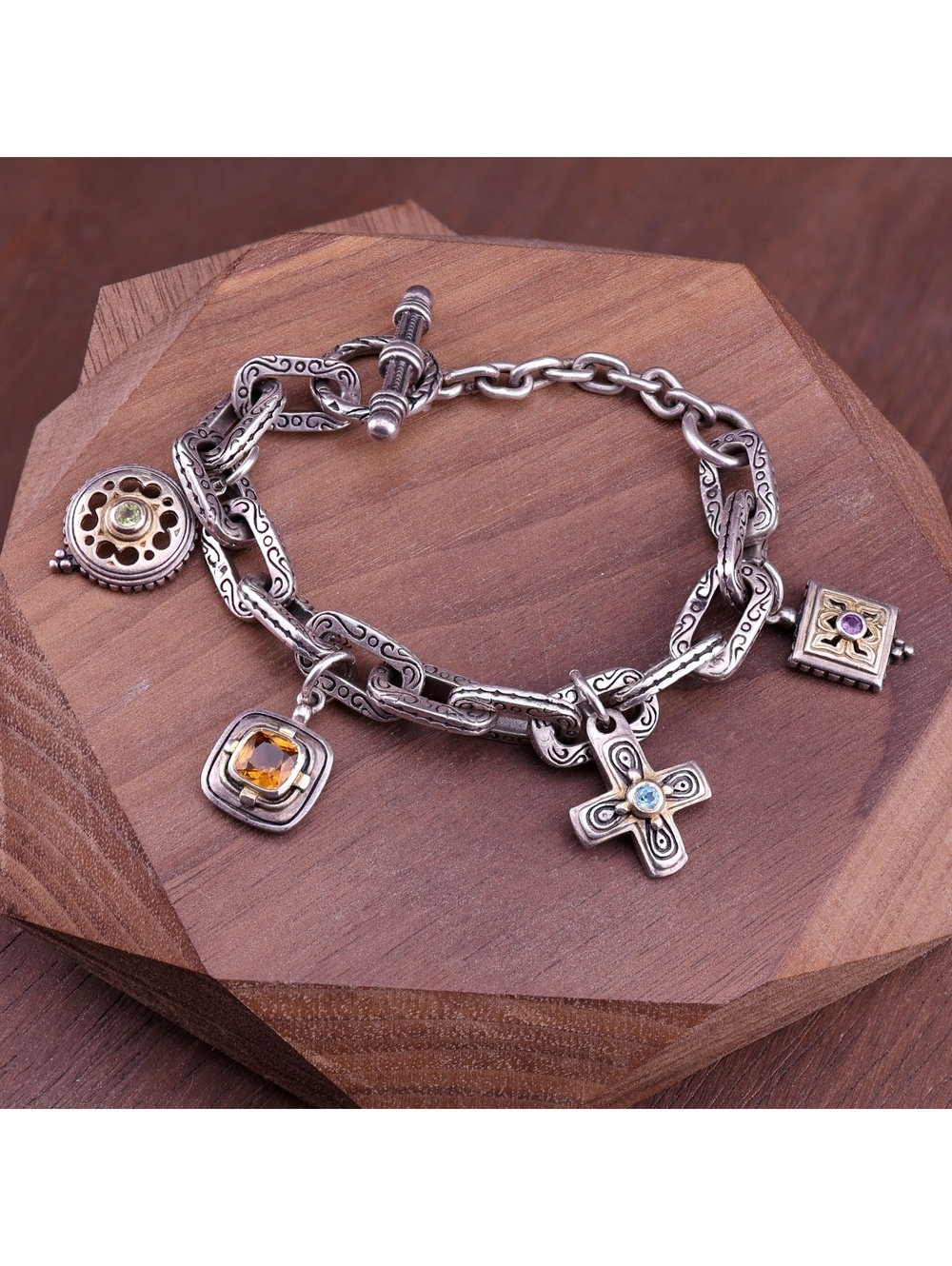 Gerochristo 950 Sterling Silver 18K Gold Multi Gemstone Byzantine Charm Bracelet